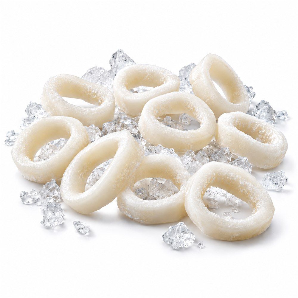 Anillas de calamar congeladas IQF sobre hielo